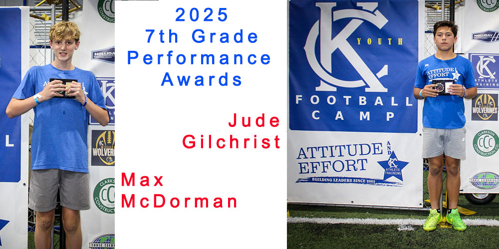2025 Kansas City Youth Football Camp Performance Awards for 7th Graders Jude Gilchrist and Max McDorman